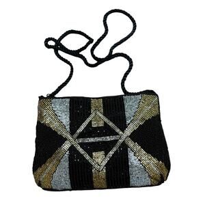 Vintage 1980’s beaded evening bag geometric black satin gold silver shoulderbag